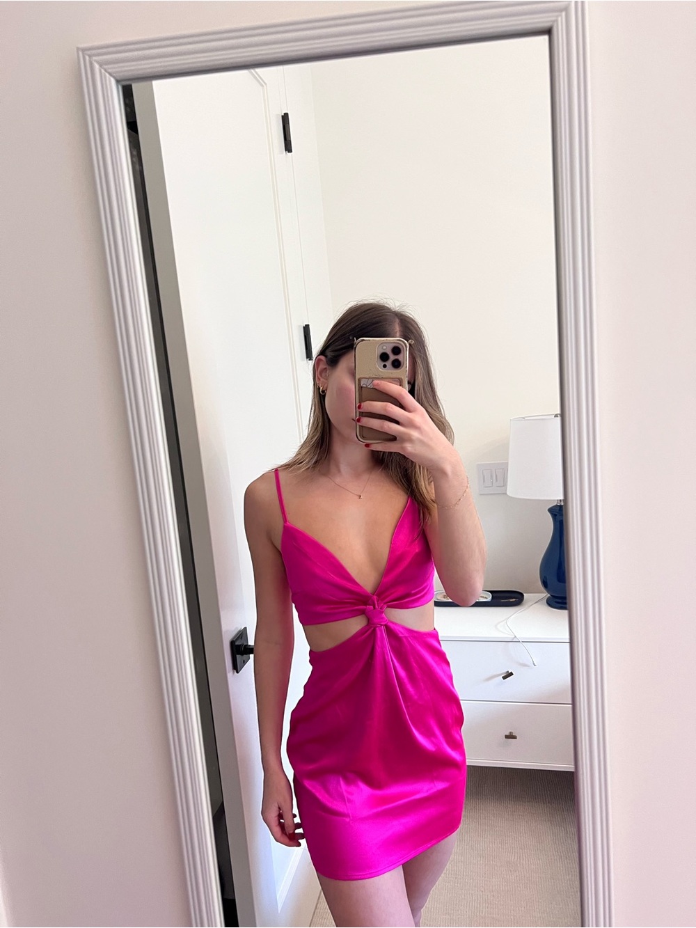 White Fox Boutique Hot Pink Satin Knot Cutout Mini Dress